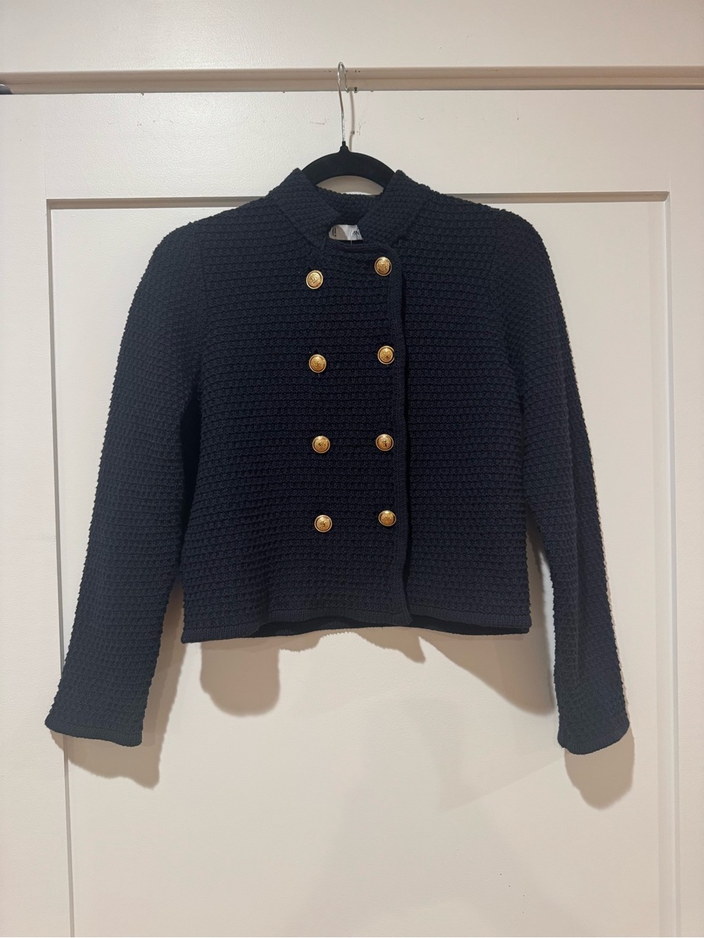 Mango Navy Double-Breasted Knit Jacket with Gold Buttons